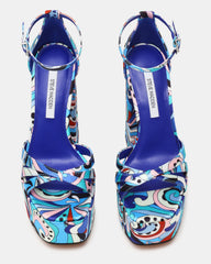 RETRO Blue Print Open-Toe Block Heel Platform Women's Heel