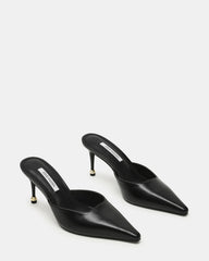 ADELINE Black Leather Mule Pointed-Toe Gold-Detail Women's Heel