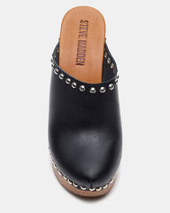DUTCHESS Black Leather Women's Studded Platform Mule Clog Heel