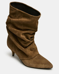 LEXEN Taupe Suede Pointed-Toe Fold-Over Scrunched Women's Ankle Boot