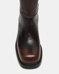 DAVOS Cognac Leather Square-Toe Knee High Block Heel Women's Boot