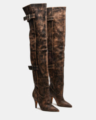 BADDIE Brown Distressed Over-The-Knee Moto Women's Boot