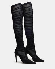 RASHIDA Black Mesh Over-The-Knee Pointed-Toe Rhinestone Stiletto Heel Women's Boot