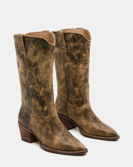 ALBANY Brown Distressed Wide Calf Pointed-Toe Women's Western Boot