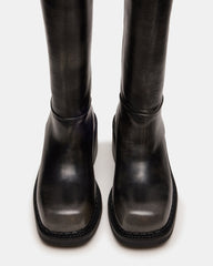 DAVOS Black Distressed Square-Toe Knee High Block Heel Women's Boot