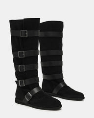 INDIO Black Suede Buckle Strap Knee-High Round-Toe Women's Boot