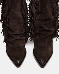 LANDMARK Brown Suede Cuffed Fringe Western Women's Ankle Boot
