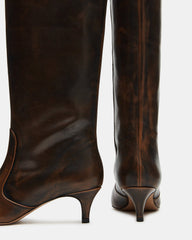 LANDER Brown Distressed Knee-High Kitten Heel Women's Boot