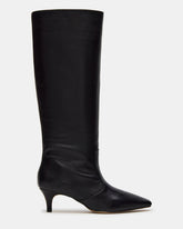 LANDER Black Leather Knee-High Kitten Heel Women's Boot