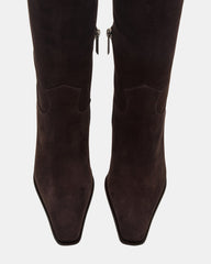 WESCOT Brown Suede Square-Toe Knee-High Heeled Women's Boot