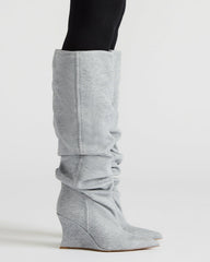 DISTORTION Grey Fabric Pointed-Toe Scrunched Knee-High Wedge Women's Boot