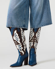 KAZ Blue/White Pointed-Toe Knee-High Block Heel Western Women's Boot