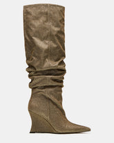 DISTORTION Gold Glitter Pointed-Toe Scrunched Knee-High Wedge Women's Boot