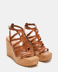 COZETTE Tan Leather Women's Platform Square-Toe Wedge Sandal