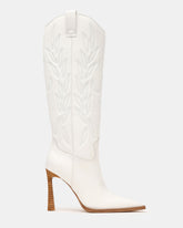 KINZEE White Leather Pointed-Toe Knee-High Western Stiletto Women's Boot