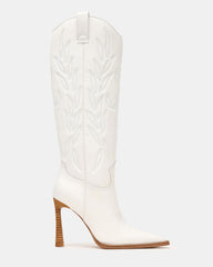 KINZEE White Leather Pointed-Toe Knee-High Western Stiletto Women's Boot