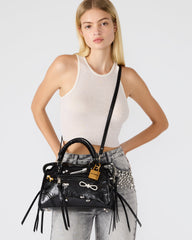 RIGGS Bag Embellished Black Distressed Slouchy Top-Handle Crossbody Satchel Handbag