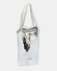 MAKIA White Women's Crystal Rhinestone Shoulder Strap Net Tote Handbag