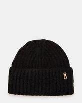 LOGO BEANIE Black Fuzzy RIbbed Knit Women's Beanie