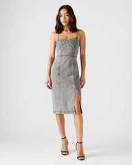 EMBELLISHED GISELLE Fog Denim Midi Women's Dress with Slit