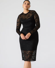 HAILEE Lace Black Long-Sleeved Mesh Pull-On Mock Neck Midi Women's Dress
