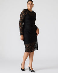 HAILEE Lace Black Long-Sleeved Mesh Pull-On Mock Neck Midi Women's Dress