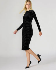 HAILEE Black Studded Velvet Long-Sleeved Pull-On Mock Neck Midi Women's Dress