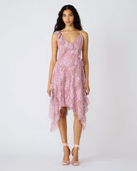 DARIELLA Mauve Shadows Sleeveless Asymmetrical Ruffle Lace Mesh Women's Midi Dress