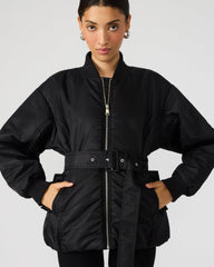ERYN Black Long-Sleeved Puffer Belted Zip-Up Women's Jacket