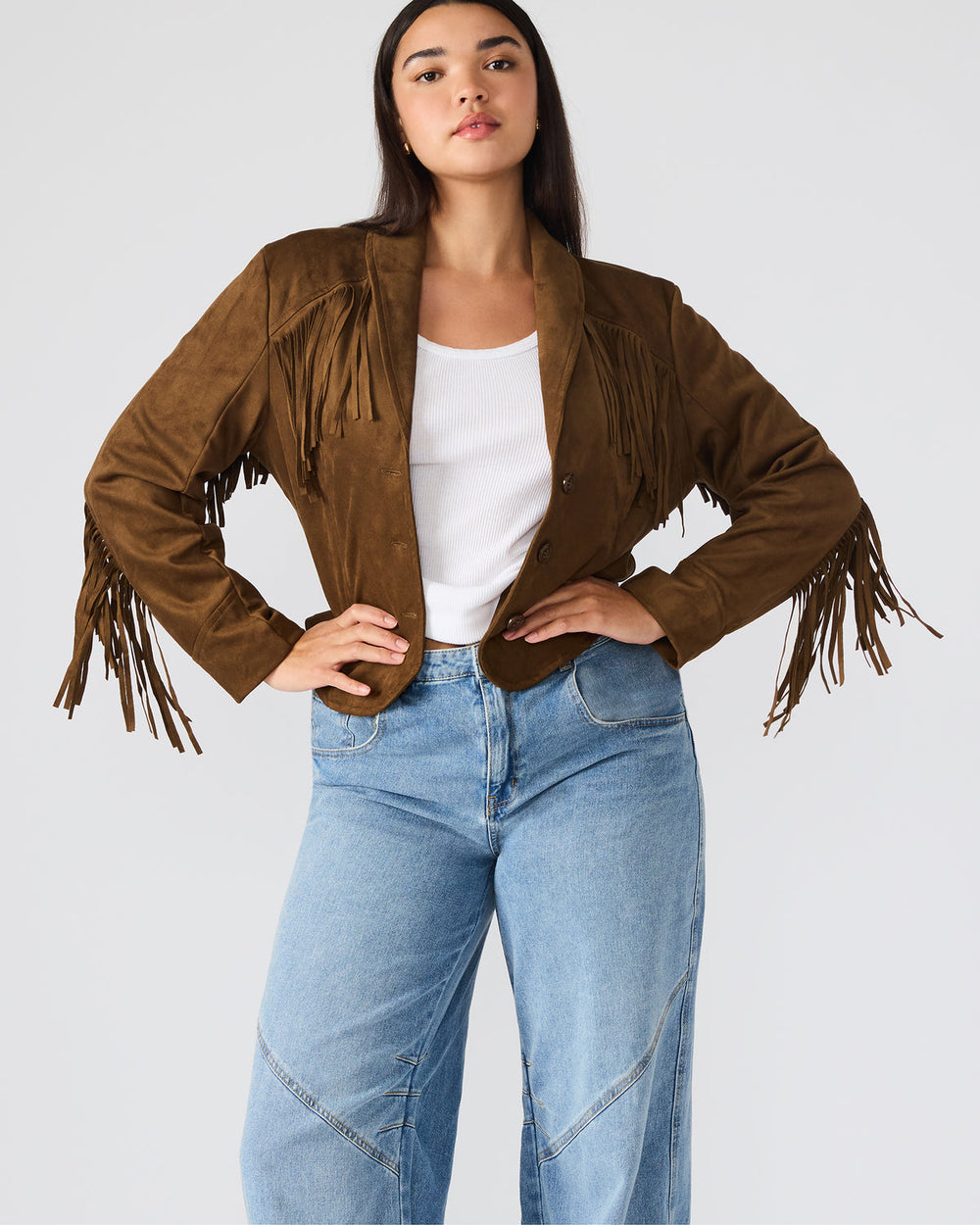 DALLAS Chestnut Long-Sleeved Button-Up Fringe Women's Jacket