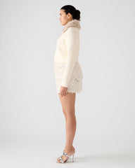 LYSIA Cream Long-Sleeved Faux Fur Hood Zip-Up Ribbed Women's Sweater Jacket