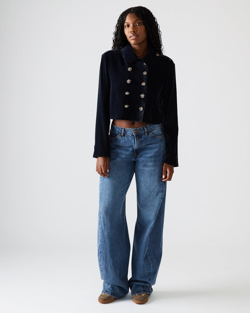 TONIA Indigo Haze Velvet Button-Up Long-Sleeved Women's Blazer Jacket