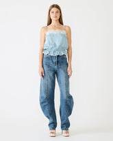 ROAN Dusty Blue Sleeveless Lace Trime Cinched Waist Women's Top