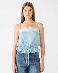 ROAN Dusty Blue Sleeveless Lace Trime Cinched Waist Women's Top