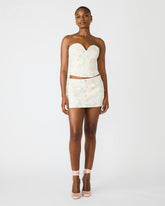 ROSELIA Peach Beige Floral Print Denim Strapless Corset Women's Top