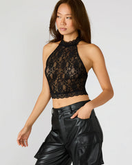 JUDY Black Lace Mesh Cropped Halter Women's Top