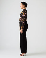 LILIANNA Black Multi Mesh Sheer Long-Sleeved Floral Print Women's Top