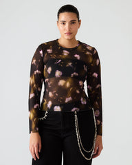 LILIANNA Black Multi Mesh Sheer Long-Sleeved Floral Print Women's Top