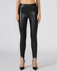 VEGAN LEATHER STIRRUP Black Faux Leather Women's Leggigns