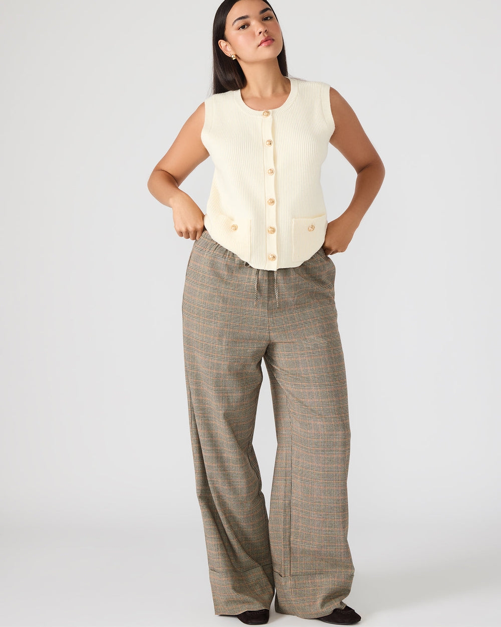 IDRA Brown Pull-On Tie-Front Cuffed Plaid Women's Pants