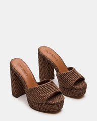 JOEL Brown Raffia Square-Toe Platform Raffia Mule Women's Heel