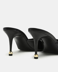 ADELINE Black Leather Mule Pointed-Toe Gold-Detail Women's Heel