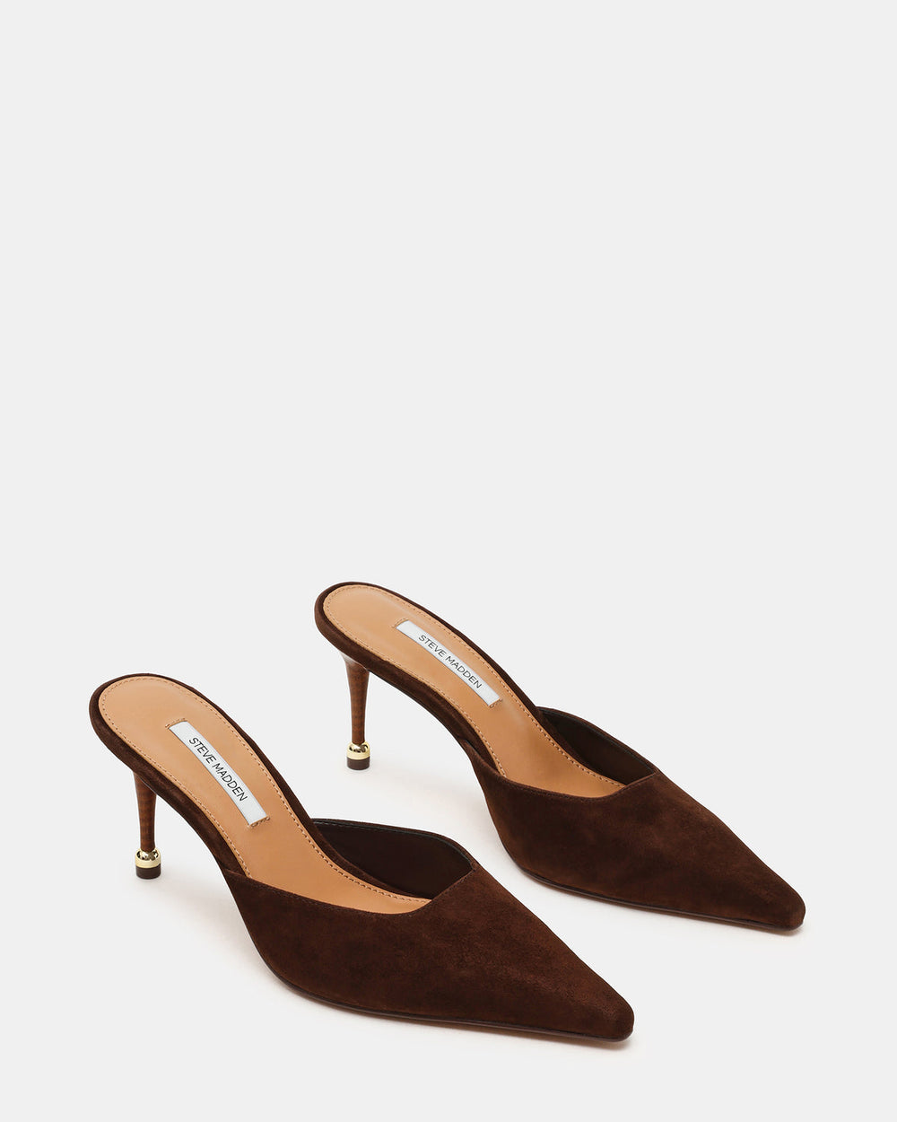 ADELINE Brown Suede Mule Pointed-Toe Gold-Detail Women's Heel