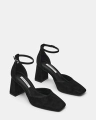 HARTLYN Black Suede Square-Toe Block Heel Ankle Strap Women's Heel