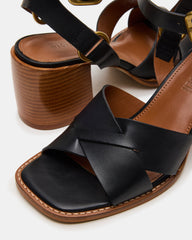 TRURO Black Leather Strappy Wood Bottom Square-Toe Women's Heel