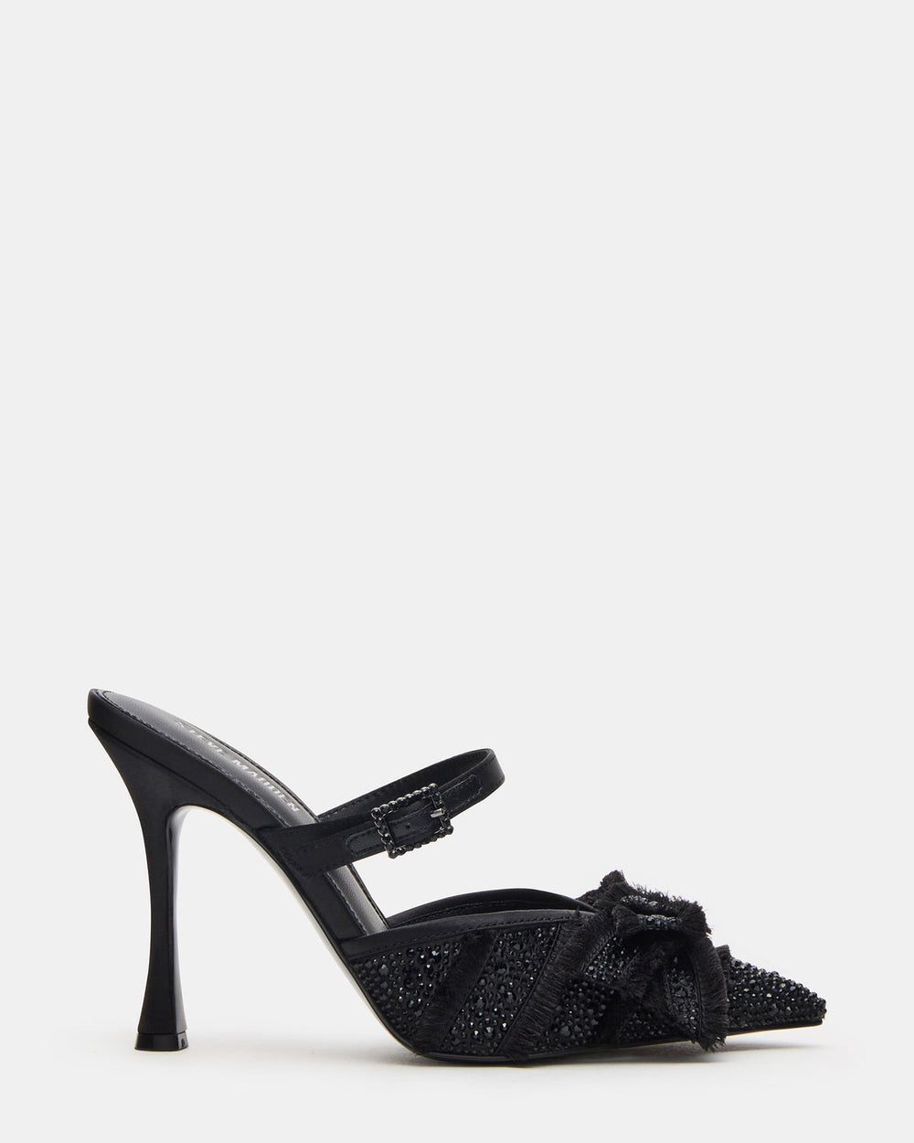 BAYLIN Black Satin Rhinestones Bow Pointed-Toe Stiletto Women's Heel