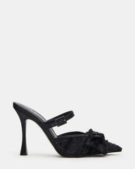 BAYLIN Black Satin Rhinestones Bow Pointed-Toe Stiletto Women's Heel