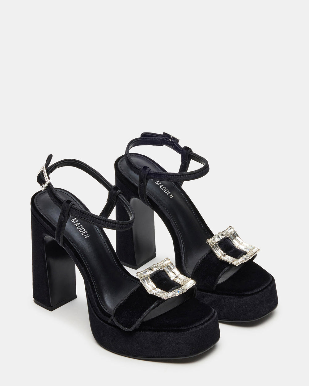 LIANDRA Buckle Black Velvet Women's Platform Square-Toe Strappy Heel