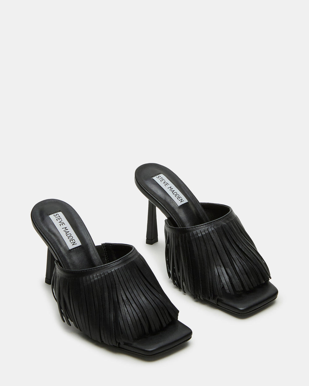 MORINA Black Leather Square-Toe Stiletto Mule Fringe Heel | Women's Heels