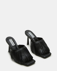 MORINA Black Leather Square-Toe Stiletto Mule Fringe Heel | Women's Heels